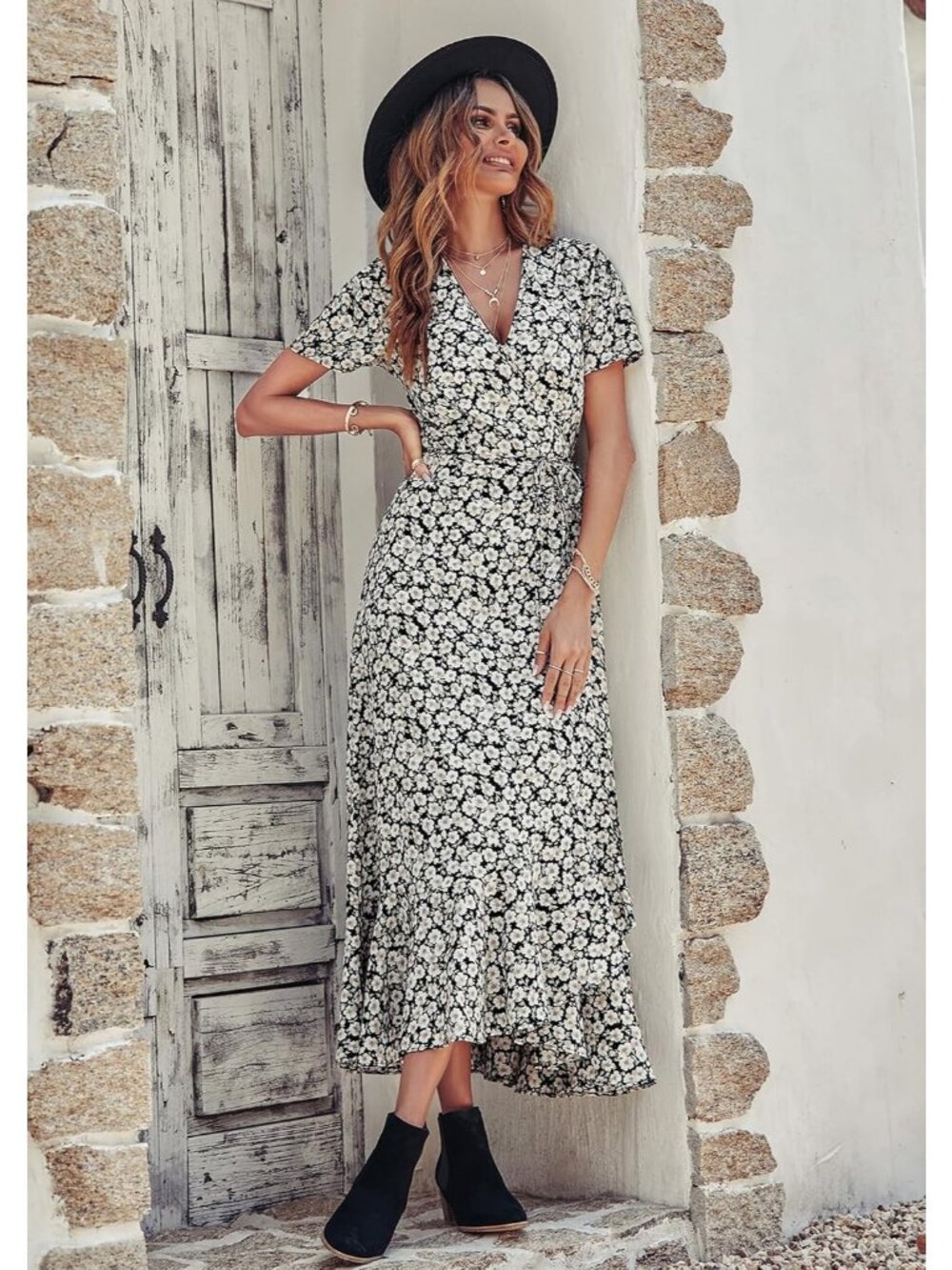 Women's Black White Floral V Neck Casual Short Sleeve Pull On Zipper Maxi Dress - Picture 4 of 6